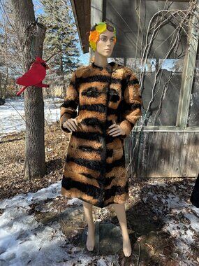 60s Zeiss Exquisit Sheepskin Fur Coat Tiger Print Animal Print Mandarin Collar